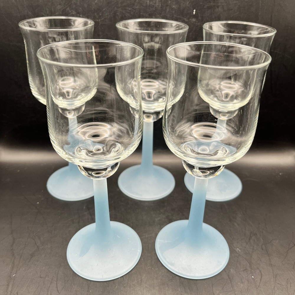 Set of 5 Vtg Frosted Blue Stem Wine Glasses Tapered Tulip Shape Barware 6.75"